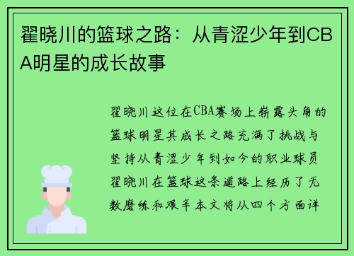 翟晓川的篮球之路：从青涩少年到CBA明星的成长故事